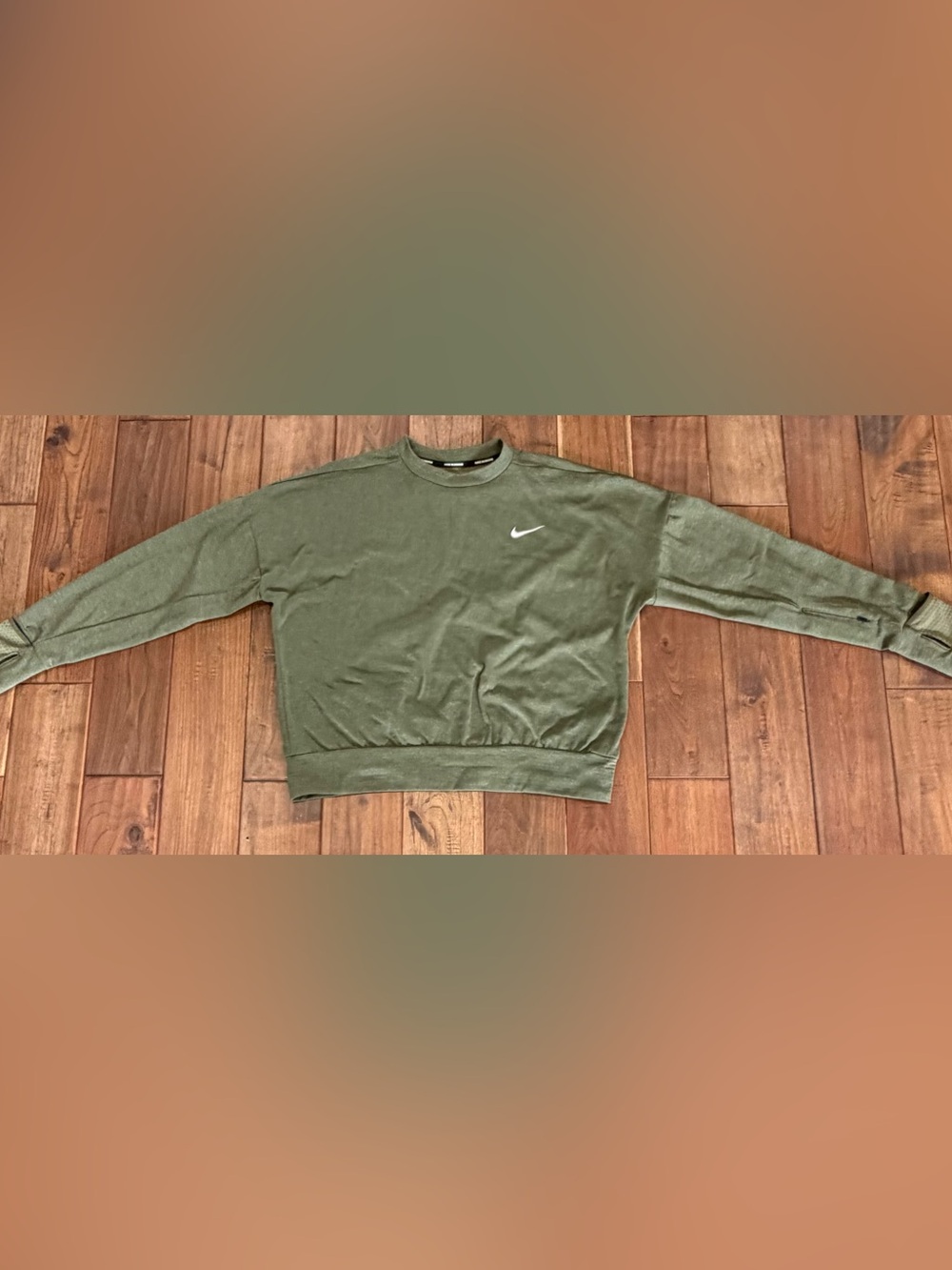 Nike Olive Green Cropped Crew Sweatshirt with White Swoosh